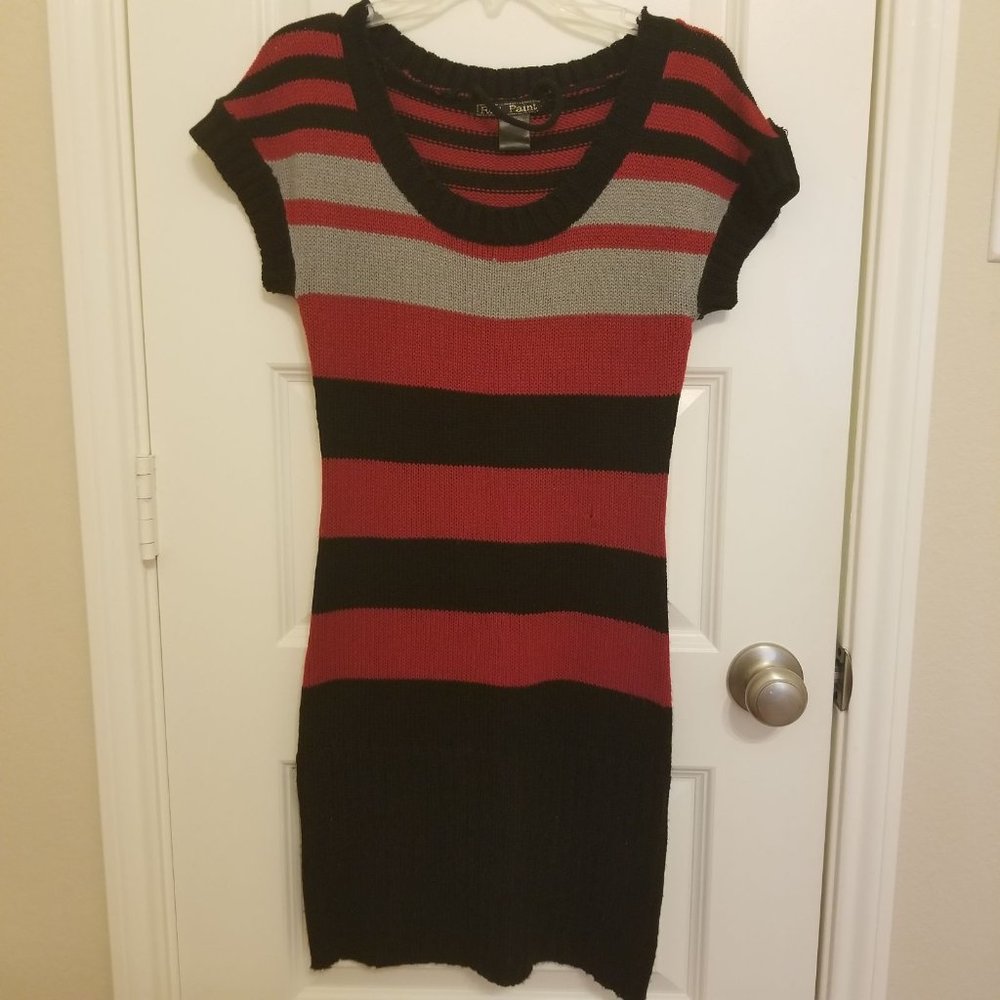 Red Paint - Maroon Black Gray Stripe Sweater Dress